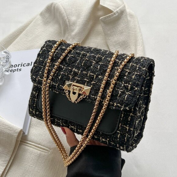 Black Elegant Women's Plaid Thick Small Square Bag Shoulder Bag - Picture 7 of 8